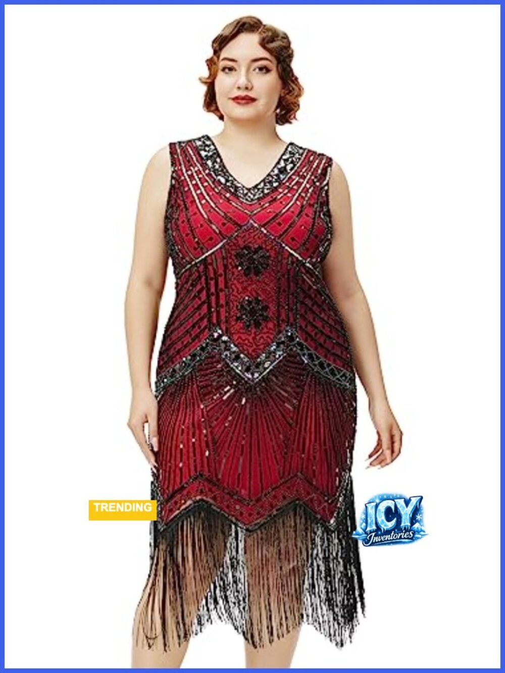 Plus Size Flapper Dress 1920s Sequin Fringe V-Neck Beaded Party Costume